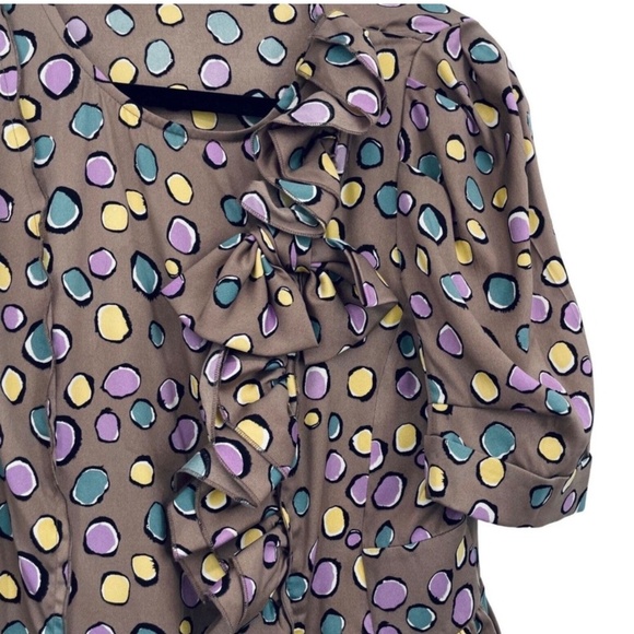 BCBGMaxazria Multicolor Silk Blouse Ruffle Bow Polkadot Size Medium - Picture 2 of 6